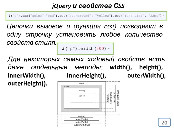 jQuery и свойства СSS Цепочки вызовов и функция css() позволяют в