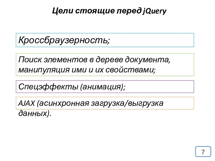 Цели стоящие перед jQuery Кроссбраузерность; Поиск элементов в дереве документа, манипуляция