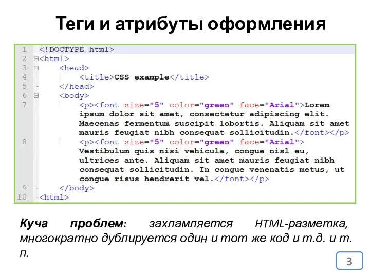 Теги и атрибуты оформления Куча проблем: захламляется HTML-разметка, многократно дублируется один