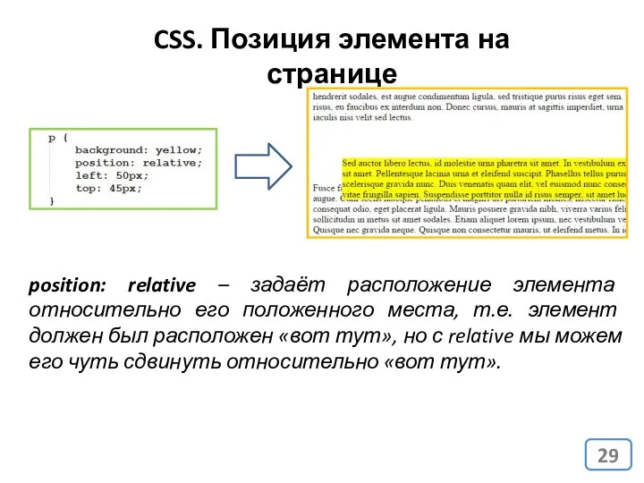 CSS. Позиция элемента на странице position: relative – задаёт расположение элемента