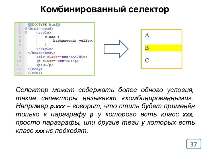 Комбинированный селектор Селектор может содержать более одного условия, такие селекторы называют