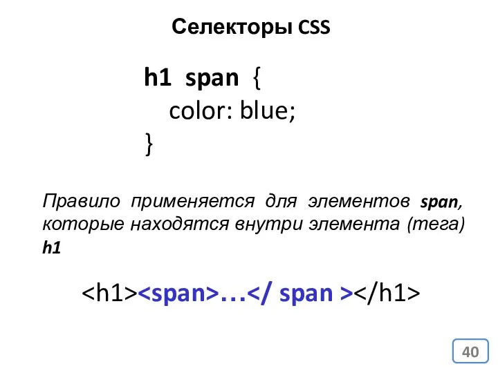 h1 span { color: blue; } Правило применяется для элементов span,