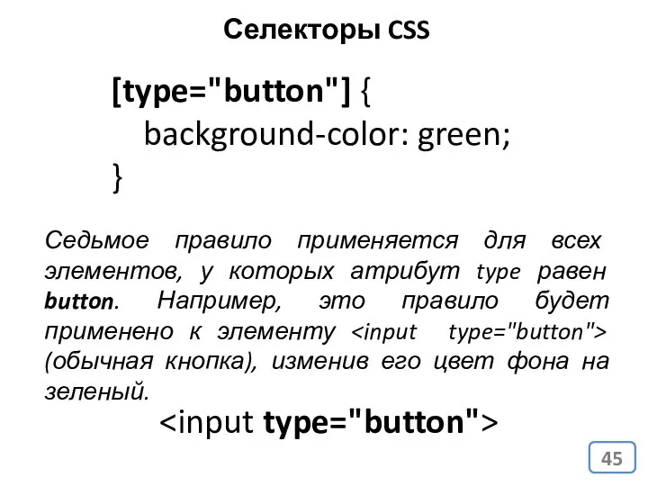 [type="button"] { background-color: green; } Седьмое правило применяется для всех элементов,