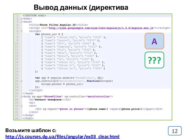 Вывод данных (директива ng-repeat) Возьмите шаблон с: http://js.courses.dp.ua/files/angular/ex03_clear.html ??? A