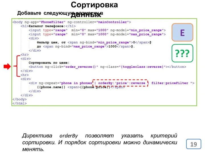 Сортировка данных Директива orderBy позволяет указать критерий сортировки. И порядок сортировки