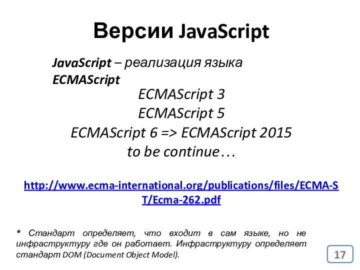 Версии JavaScript JavaScript – реализация языка ECMAScript ECMAScript 3 ECMAScript 5