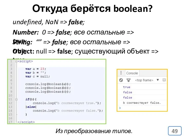 Откуда берётся boolean? Из преобразование типов. undefined, NaN => false; Number: