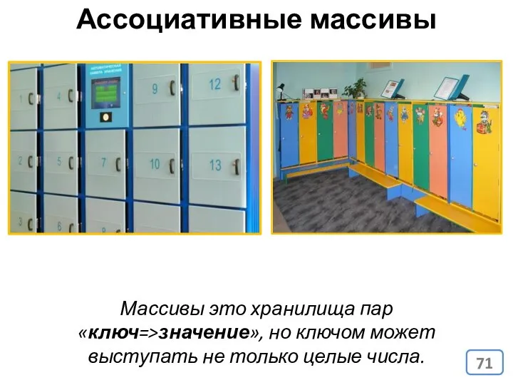 Ассоциативные массивы Массивы это хранилища пар «ключ=>значение», но ключом может выступать не только целые числа.