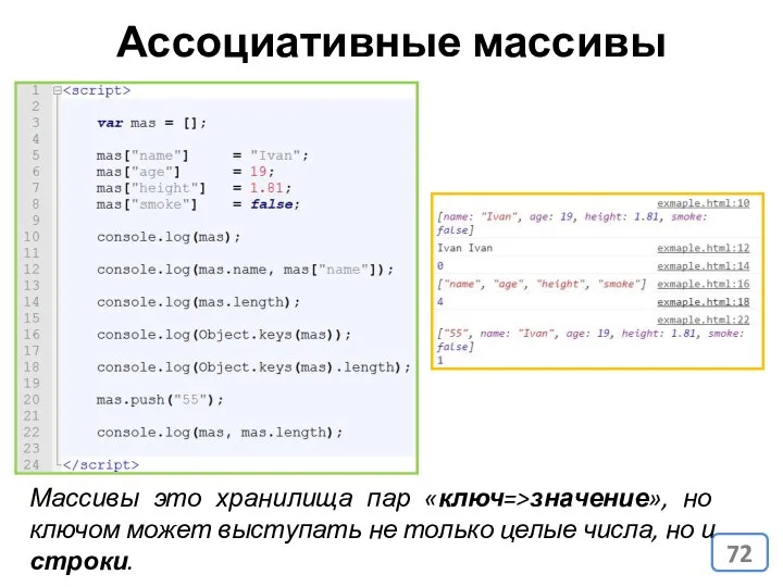 Ассоциативные массивы Массивы это хранилища пар «ключ=>значение», но ключом может выступать