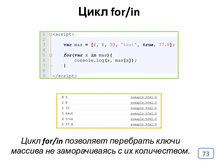 Цикл for/in Цикл for/in позволяет перебрать ключи массива не заморачиваясь с их количеством.