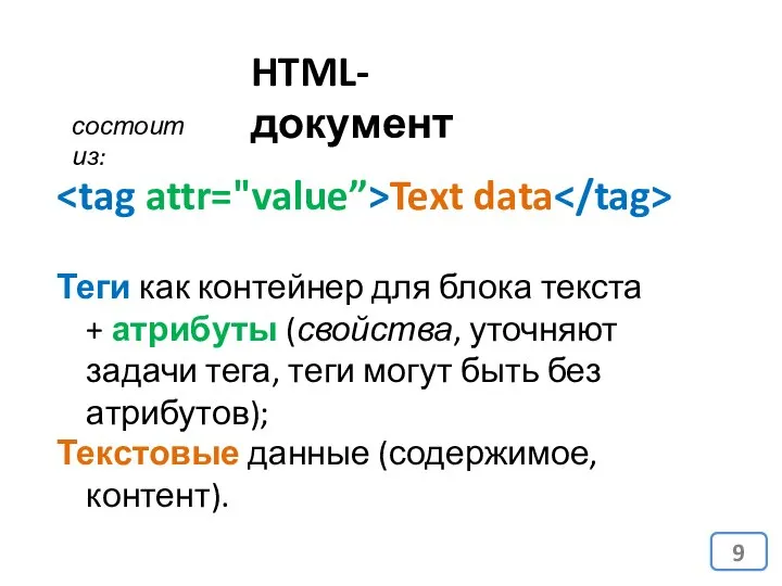 HTML-документ Text data Теги как контейнер для блока текста + атрибуты