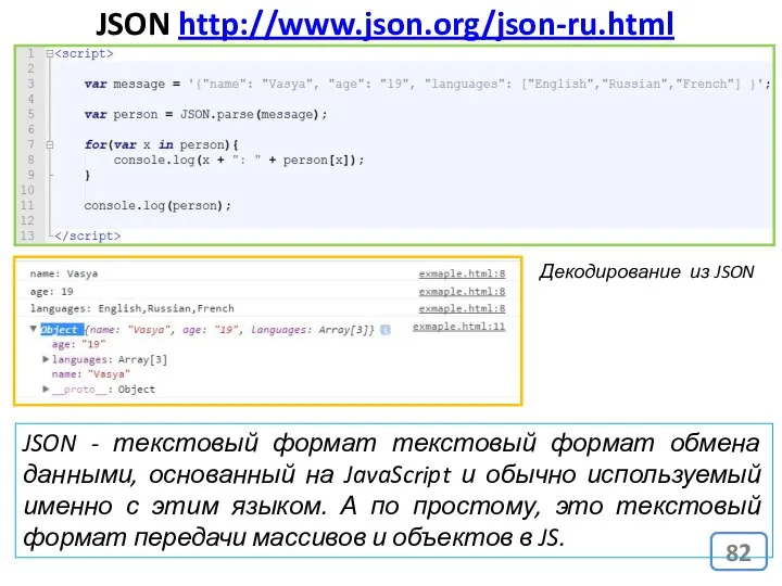 JSON http://www.json.org/json-ru.html JSON - текстовый формат текстовый формат обмена данными, основанный