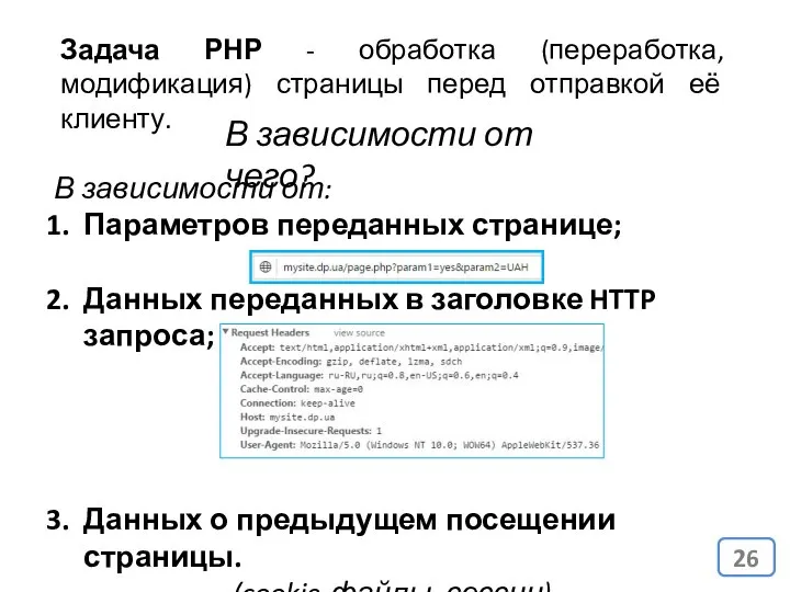 Задача РНР - обработка (переработка, модификация) страницы перед отправкой её клиенту.