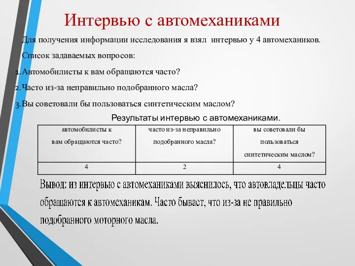 Интервью с автомеханиками Для получения информации исследования я взял интервью у