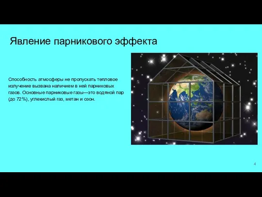 Явление парникового эффекта Способность атмосферы не пропускать тепловое излучение вызвана наличием