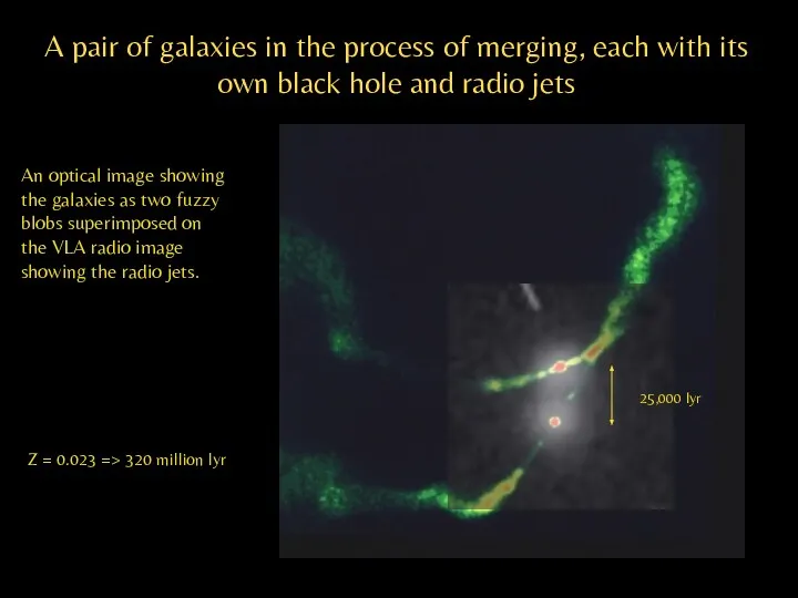 A pair of galaxies in the process of merging, each with