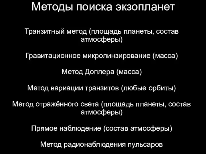 Методы поиска экзопланет Транзитный метод (площадь планеты, состав атмосферы) Гравитационное микролинзирование