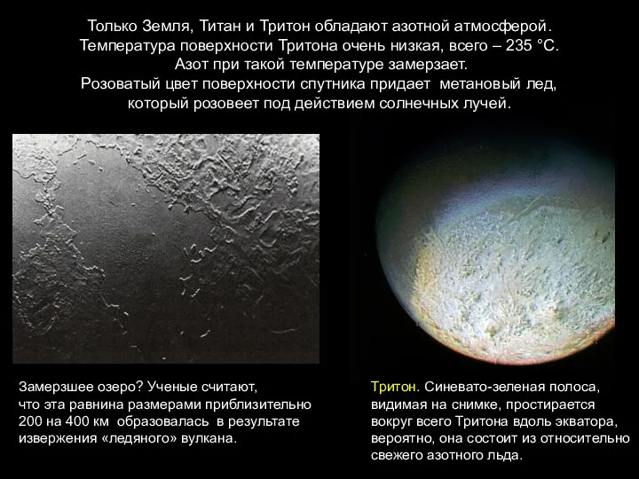 Только Земля, Титан и Тритон обладают азотной атмосферой. Температура поверхности Тритона