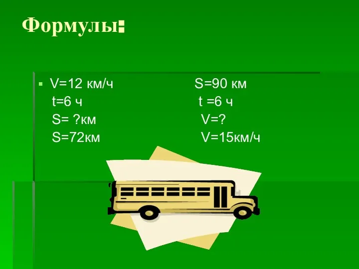 Формулы: V=12 км/ч S=90 км t=6 ч t =6 ч S= ?км V=? S=72км V=15км/ч