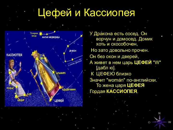 Цефей и Кассиопея У Дракона есть сосед. Он ворчун и домосед.