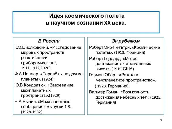 Идея космического полета в научном сознании XX века. В России К.Э.Циолковский.