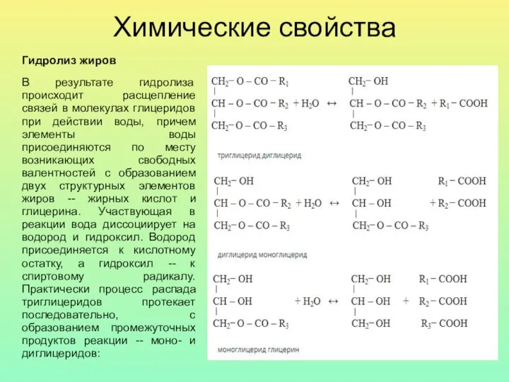 Химические свойства Гидролиз жиров В результате гидролиза происходит расщепление связей в