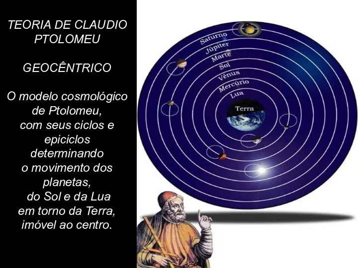 TEORIA DE CLAUDIO PTOLOMEU GEOCÊNTRICO O modelo cosmológico de Ptolomeu, com