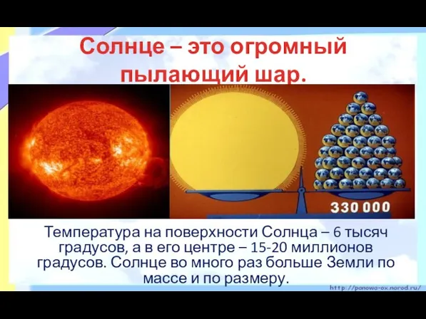 Солнце – это огромный пылающий шар. Температура на поверхности Солнца –