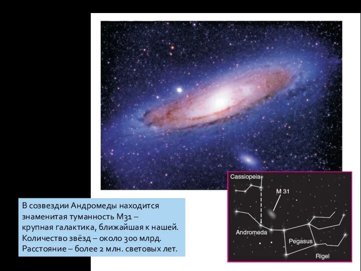 В созвездии Андромеды находится знаменитая туманность М31 – крупная галактика, ближайшая