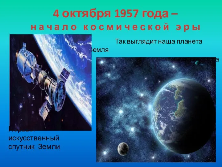 Первый искусственный спутник Земли Так выглядит наша планета Земля из космоса