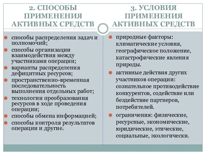 2. СПОСОБЫ ПРИМЕНЕНИЯ АКТИВНЫХ СРЕДСТВ способы распределения задач и полномочий; способы