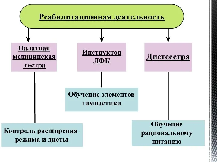 Реабилитационная деятельность Палатная медицинская сестра Инструктор ЛФК Диетсестра Обучение элементов гимнастики