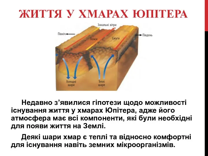 ЖИТТЯ У ХМАРАХ ЮПІТЕРА Недавно з’явилися гіпотези щодо можливості існування життя