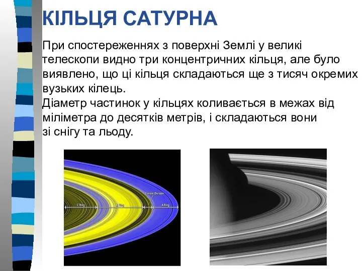 КІЛЬЦЯ САТУРНА При спостереженнях з поверхні Землі у великі телескопи видно