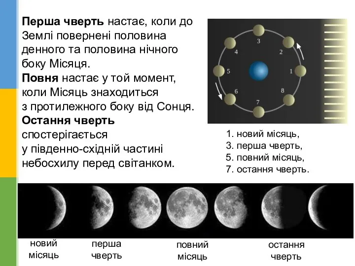 Перша чверть настає, коли до Землі повернені половина денного та половина