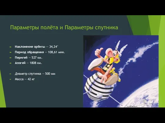 Параметры полёта и Параметры спутника Наклонение орбиты — 34,24° Период обращения