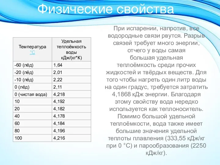 Физические свойства При испарении, напротив, все водородные связи рвутся. Разрыв связей