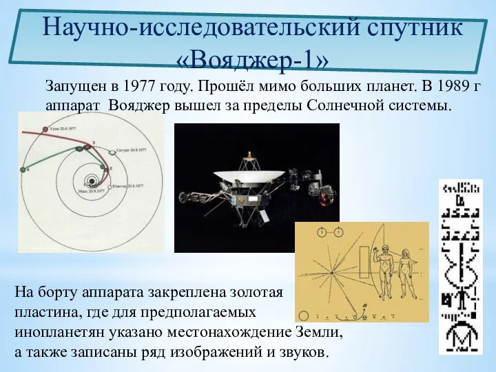 На борту аппарата закреплена золотая пластина, где для предполагаемых инопланетян указано