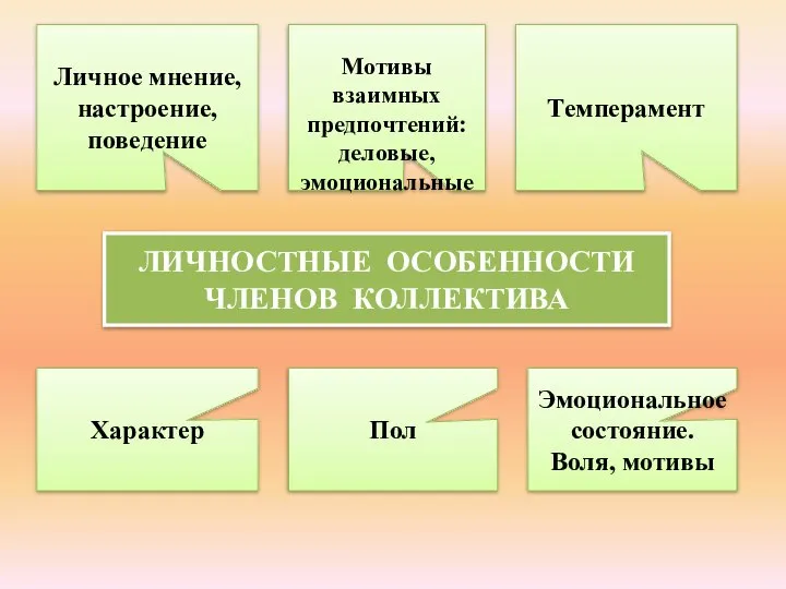 ЛИЧНОСТНЫЕ ОСОБЕННОСТИ ЧЛЕНОВ КОЛЛЕКТИВА Личное мнение, настроение, поведение Мотивы взаимных предпочтений: