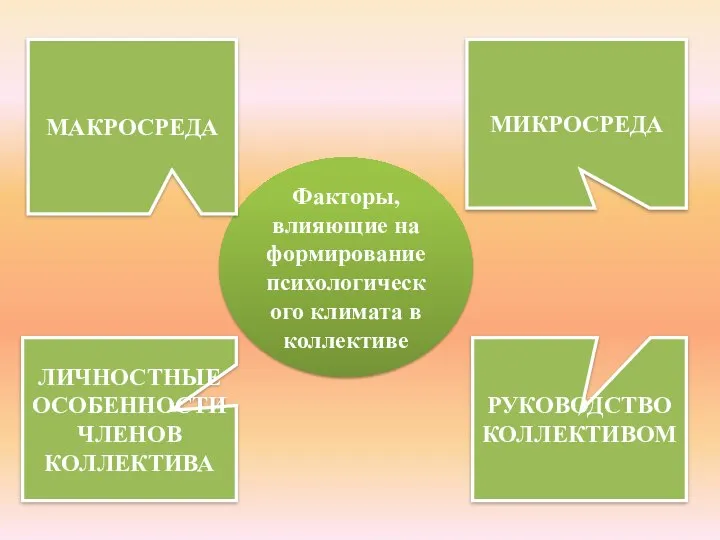 Факторы, влияющие на формирование психологического климата в коллективе МИКРОСРЕДА ЛИЧНОСТНЫЕ ОСОБЕННОСТИ ЧЛЕНОВ КОЛЛЕКТИВА МАКРОСРЕДА РУКОВОДСТВО КОЛЛЕКТИВОМ