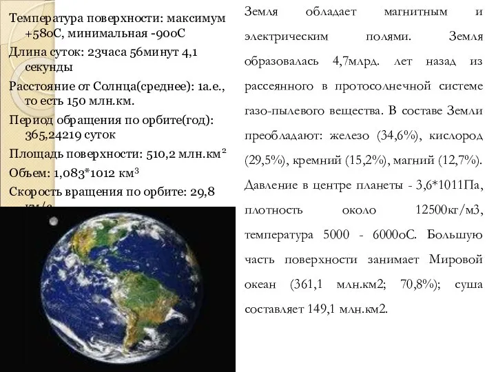 Температура поверхности: максимум +58oC, минимальная -90oC Длина суток: 23часа 56минут 4,1секунды