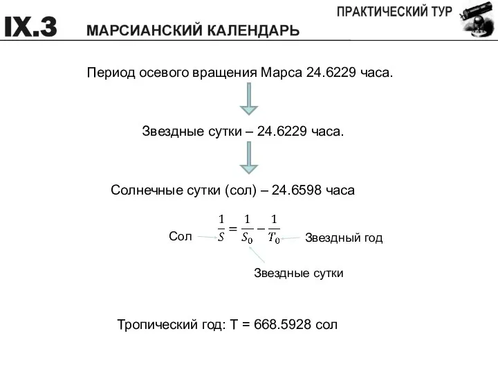 Период осевого вращения Марса 24.6229 часа. Звездные сутки – 24.6229 часа.