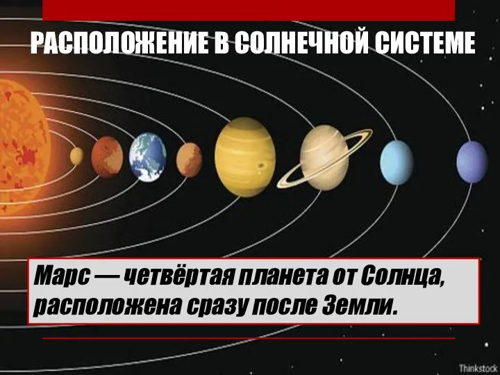 РАСПОЛОЖЕНИЕ В СОЛНЕЧНОЙ СИСТЕМЕ Марс — четвёртая планета от Солнца, расположена сразу после Земли.