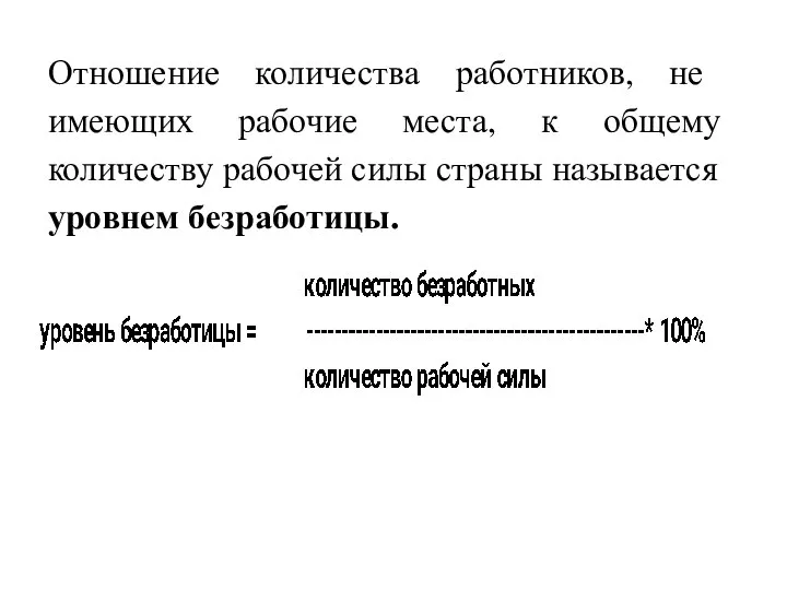 Отношение количества работников, не имеющих рабочие места, к общему количеству рабочей силы страны называется уровнем безработицы.