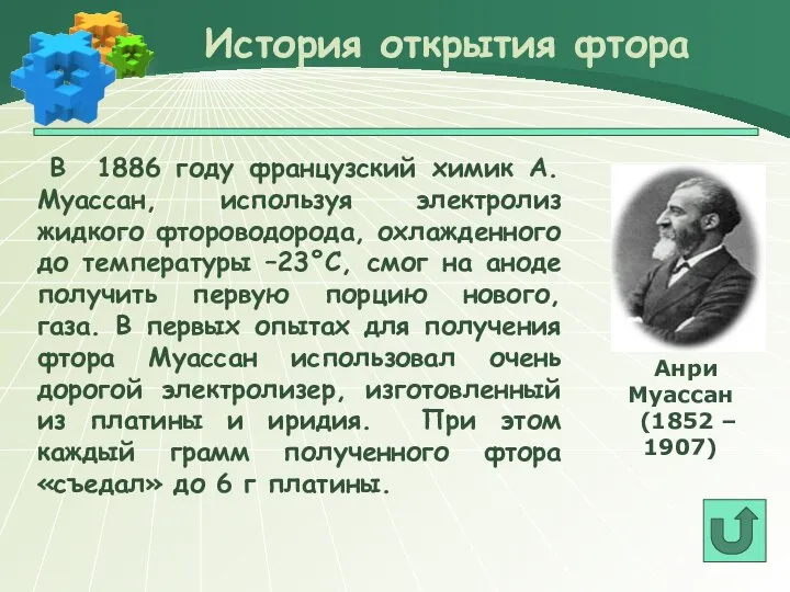 В 1886 году французский химик А. Муассан, используя электролиз жидкого фтороводорода,