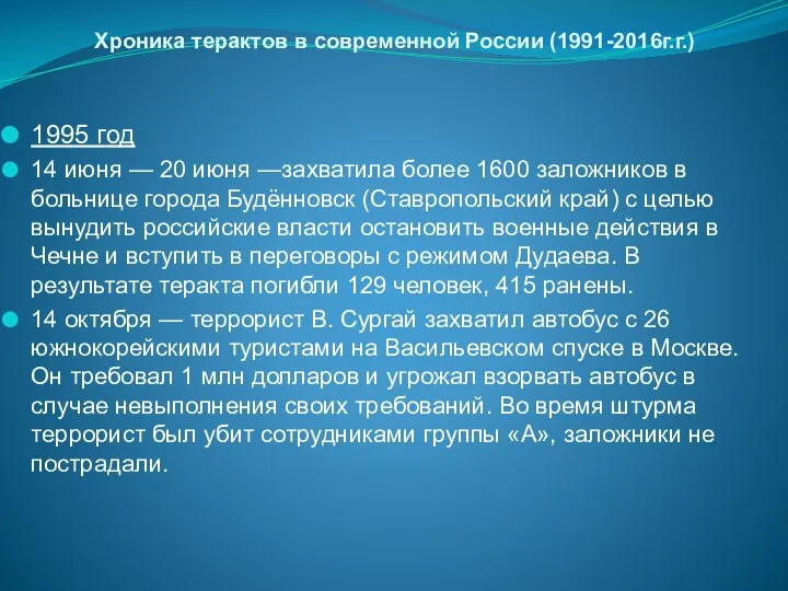 Хроника терактов в современной России (1991-2016г.г.) 1995 год 14 июня —