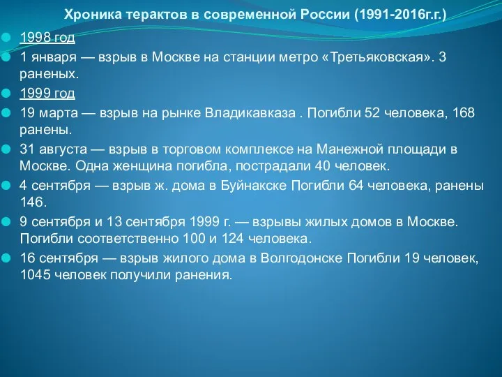 Хроника терактов в современной России (1991-2016г.г.) 1998 год 1 января —