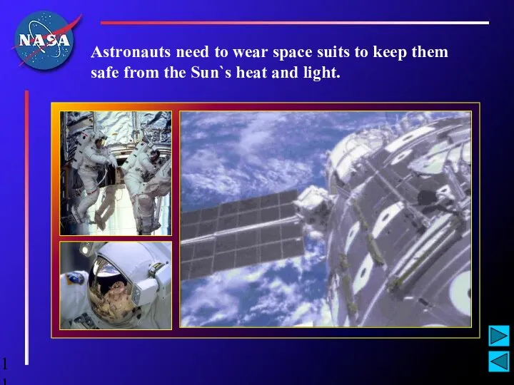 Astronauts need to wear space suits to keep them safe from the Sun`s heat and light.