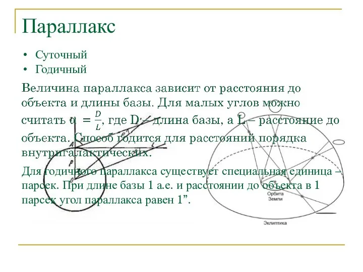 Параллакс Суточный Годичный Для годичного параллакса существует специальная единица – парсек.