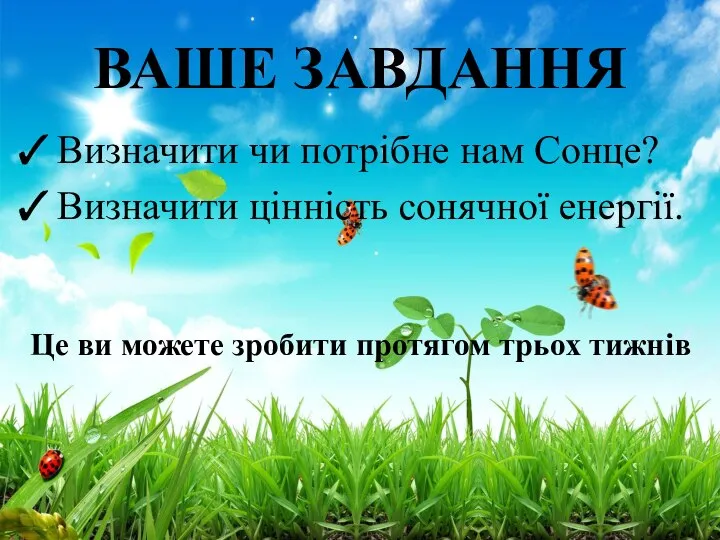 ВАШЕ ЗАВДАННЯ Визначити чи потрібне нам Сонце? Визначити цінність сонячної енергії.